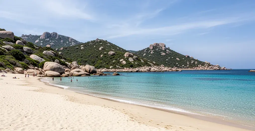 Plage de Propriano avec eau turquoise et maquis corse en arrière-plan