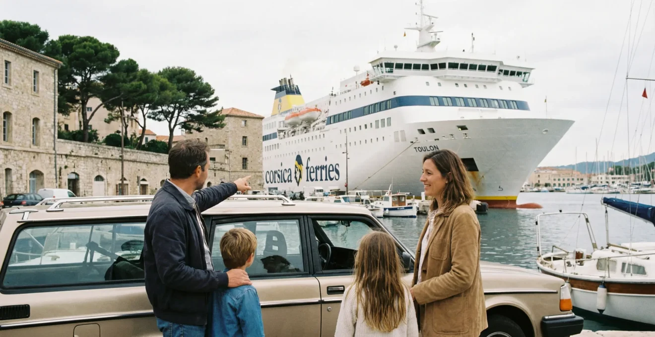 Famille avec voiture attendant embarquement ferry vers la Corse au port
