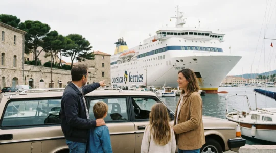Famille avec voiture attendant embarquement ferry vers la Corse au port