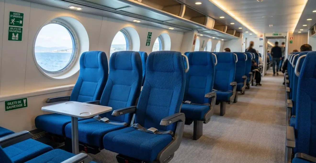 Intérieur contemporain d'un ferry avec rangées de sièges confortables bleus et lumière naturelle filtrant par les hublots