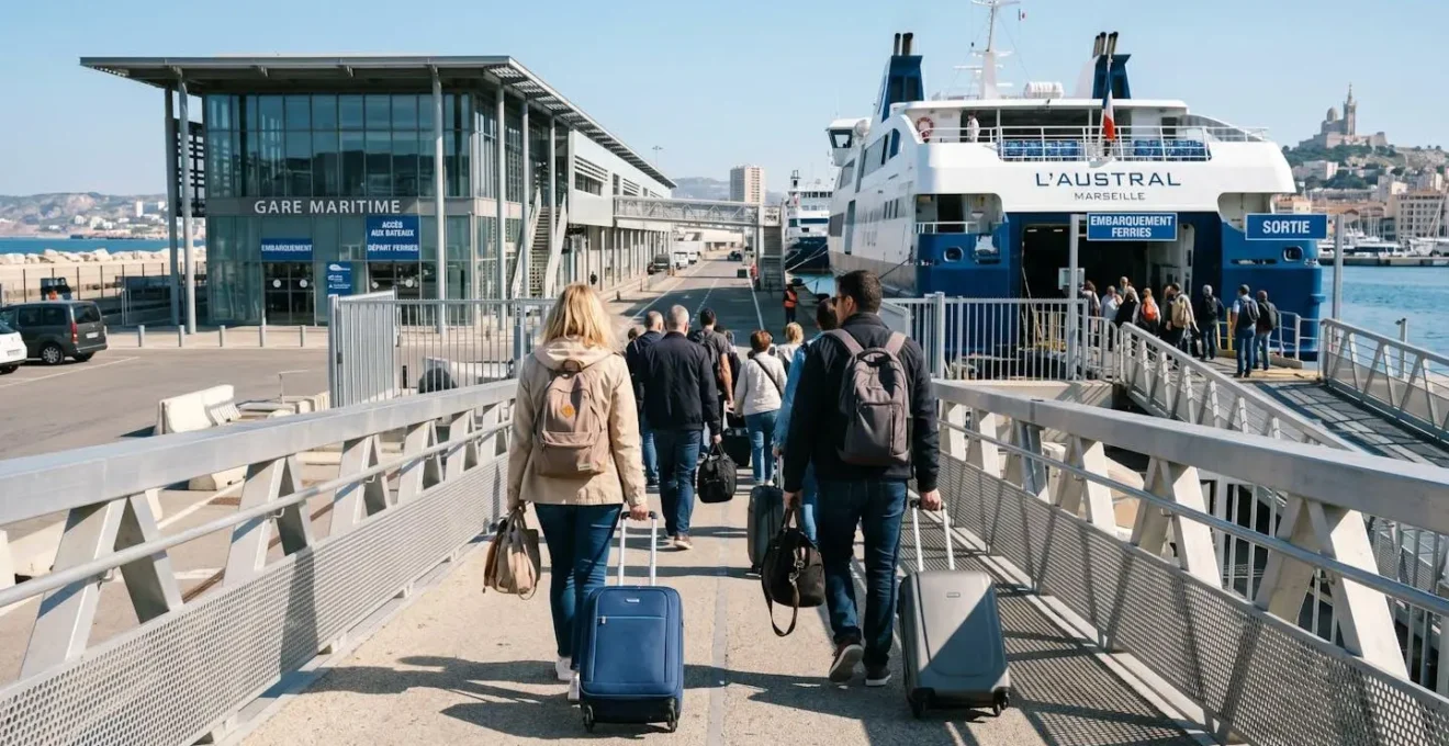 Des passagers vus de dos embarquent sur un ferry depuis un terminal portuaire moderne sous un ciel lumineux